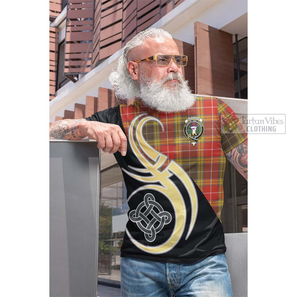 Tartan Vibes Clothing Buchanan Old Set Weathered Tartan Cotton T-shirt with Family Crest and Celtic Symbol Style