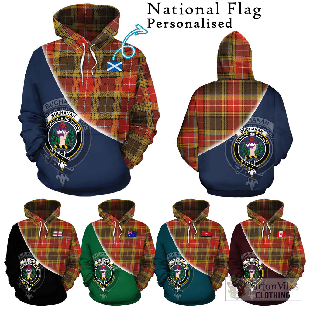 Buchanan Old Set Weathered Tartan Hoodie with Personalised National Flag and Family Crest Half Style Zip Hoodie - Tartanvibesclothing Shop