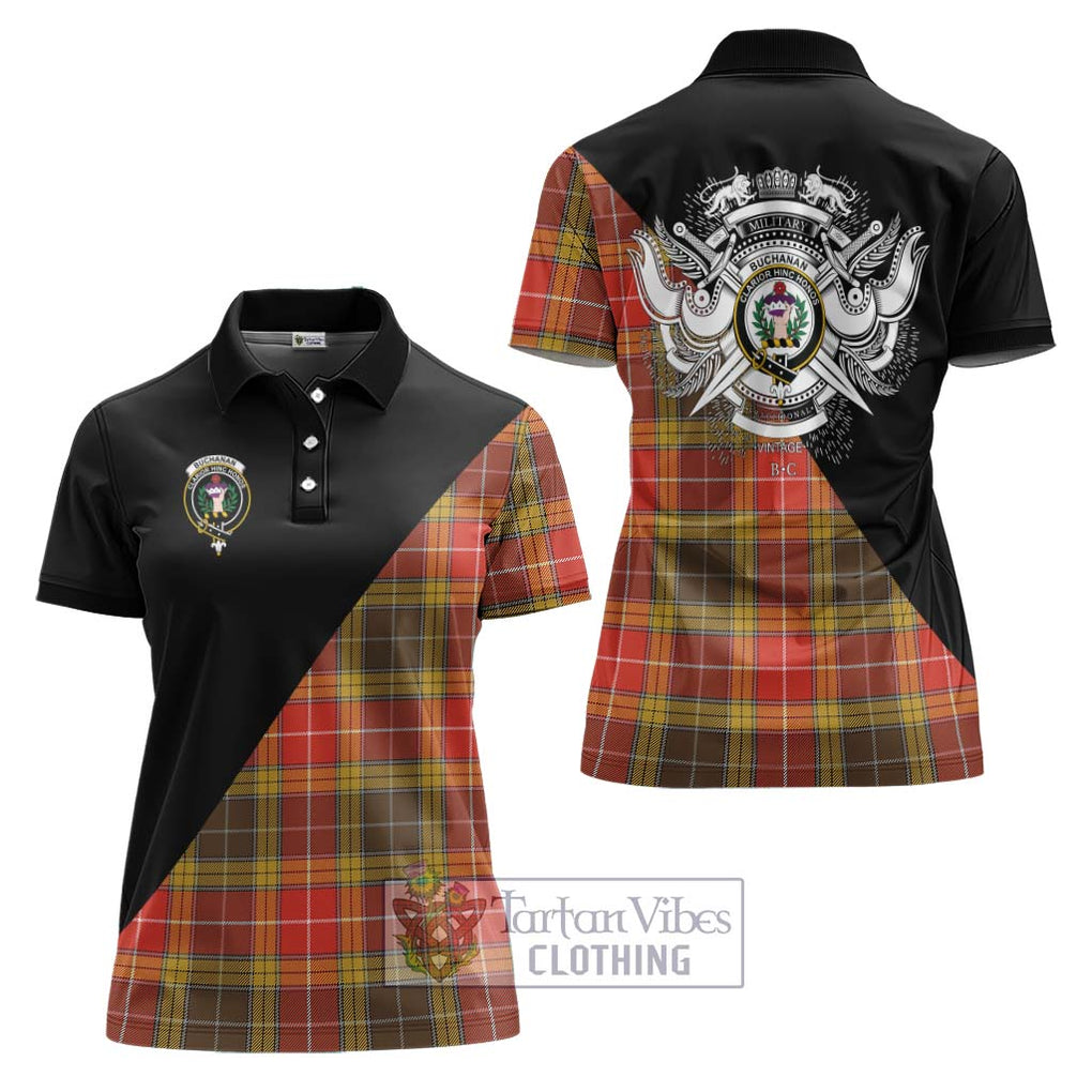 Buchanan Old Set Weathered Tartan Women's Polo Shirt with Family Crest and Military Logo Style Women - Tartanvibesclothing Shop