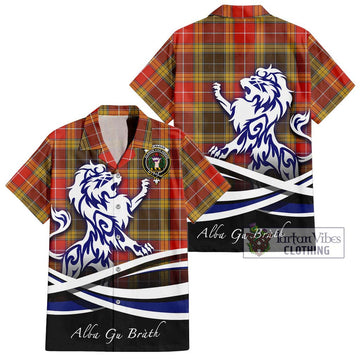 Buchanan Old Set Weathered Tartan Short Sleeve Button Shirt with Alba Gu Brath Regal Lion Emblem