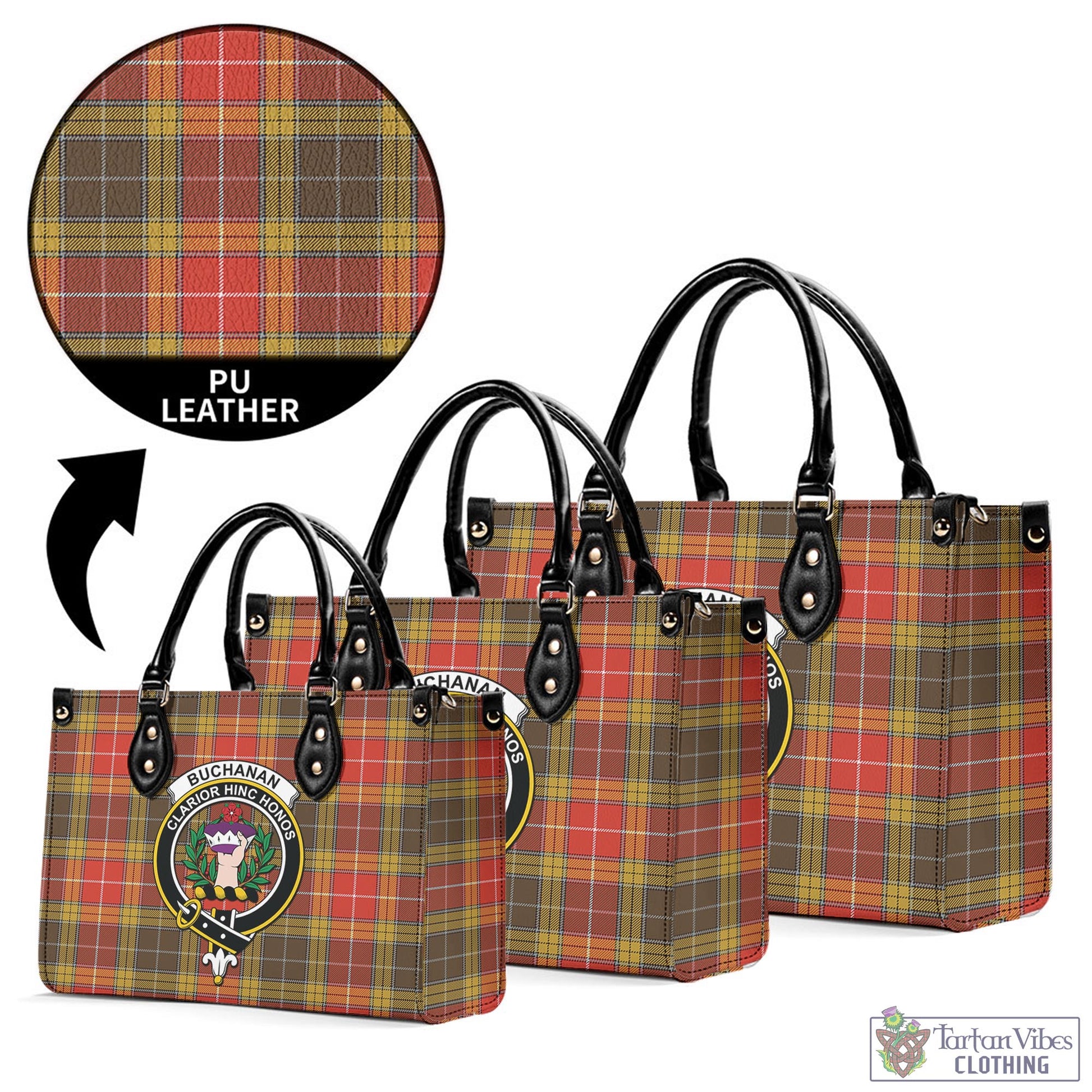 Tartan Vibes Clothing Buchanan Old Set Weathered Tartan Luxury Leather Handbags with Family Crest