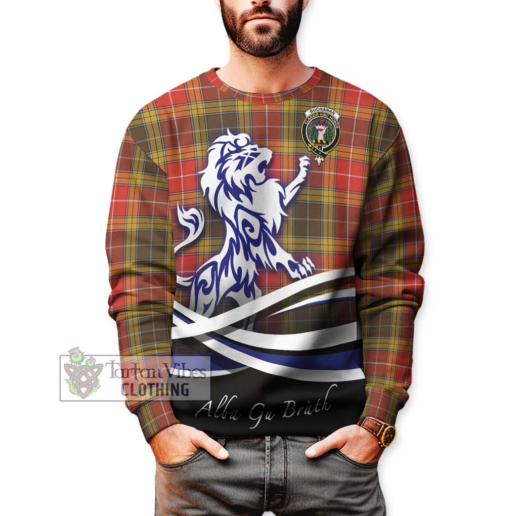 Buchanan Old Set Weathered Tartan Sweatshirt with Alba Gu Brath Regal Lion Emblem Unisex - Tartanvibesclothing Shop