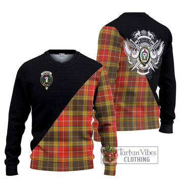 Buchanan Old Set Weathered Tartan Ugly Sweater with Family Crest and Military Logo Style