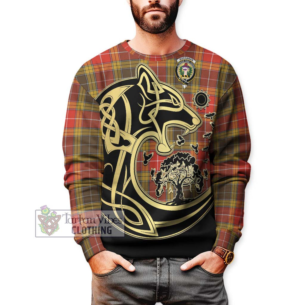 Buchanan Old Set Weathered Tartan Sweatshirt with Family Crest Celtic Wolf Style Unisex - Tartan Vibes Clothing