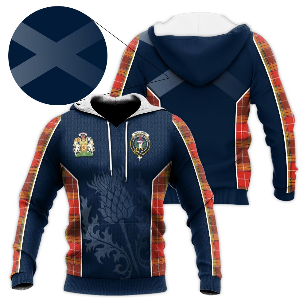 Tartan Vibes Clothing Buchanan Old Set Weathered Tartan Knitted Hoodie with Family Crest and Scottish Thistle Vibes Sport Style