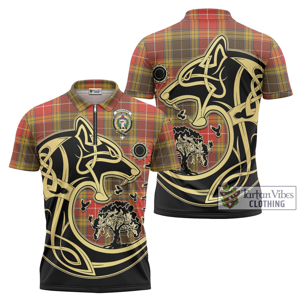 Buchanan Old Set Weathered Tartan Zipper Polo Shirt with Family Crest Celtic Wolf Style Unisex - Tartanvibesclothing Shop