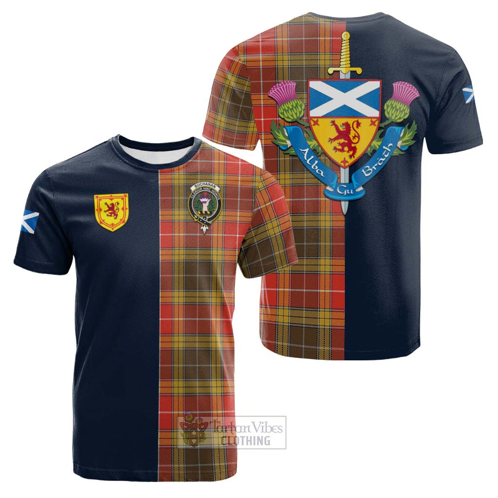 Tartan Vibes Clothing Buchanan Old Set Weathered Tartan Cotton T-shirt with Scottish Lion Royal Arm Half Style