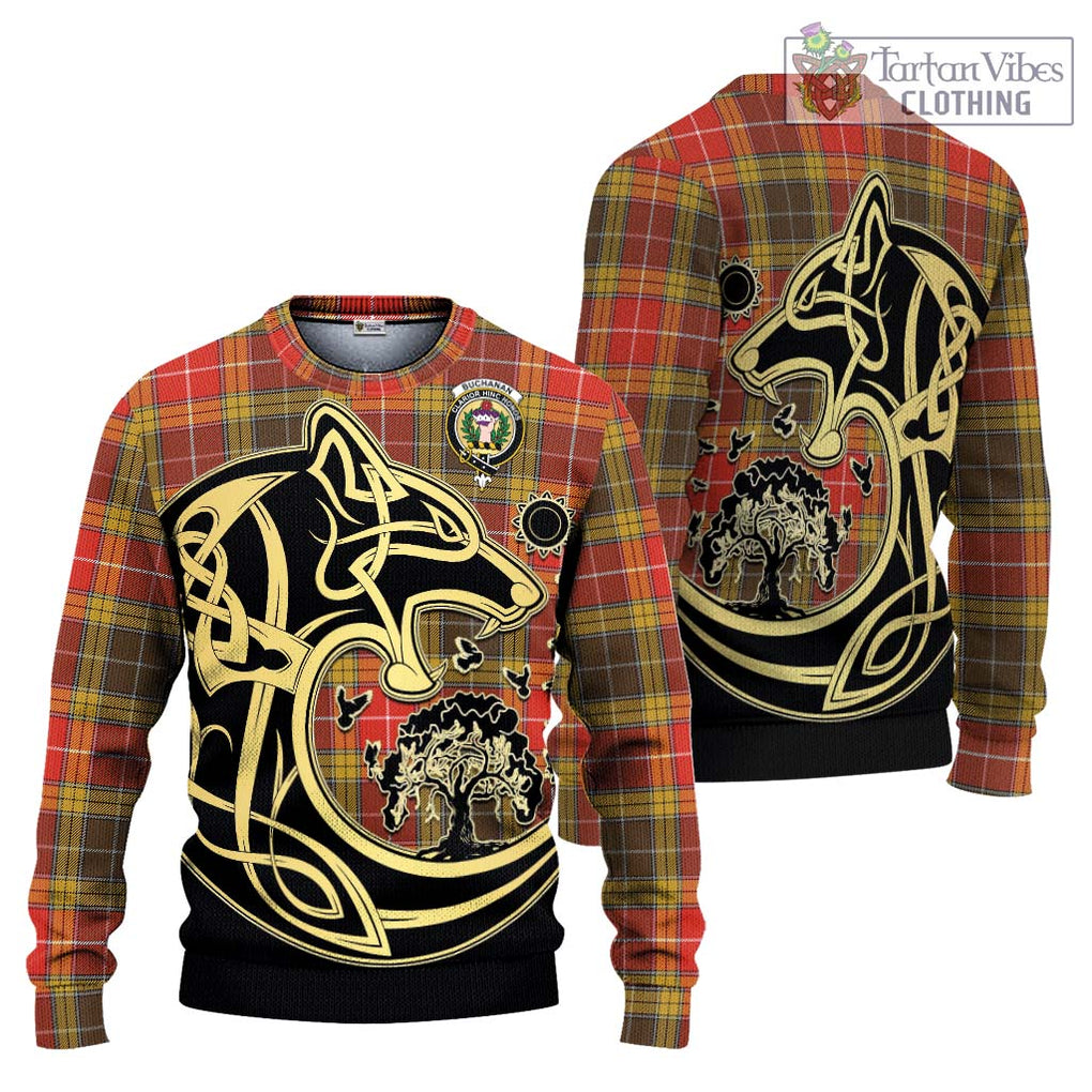 Buchanan Old Set Weathered Tartan Knitted Sweater with Family Crest Celtic Wolf Style Unisex - Tartan Vibes Clothing