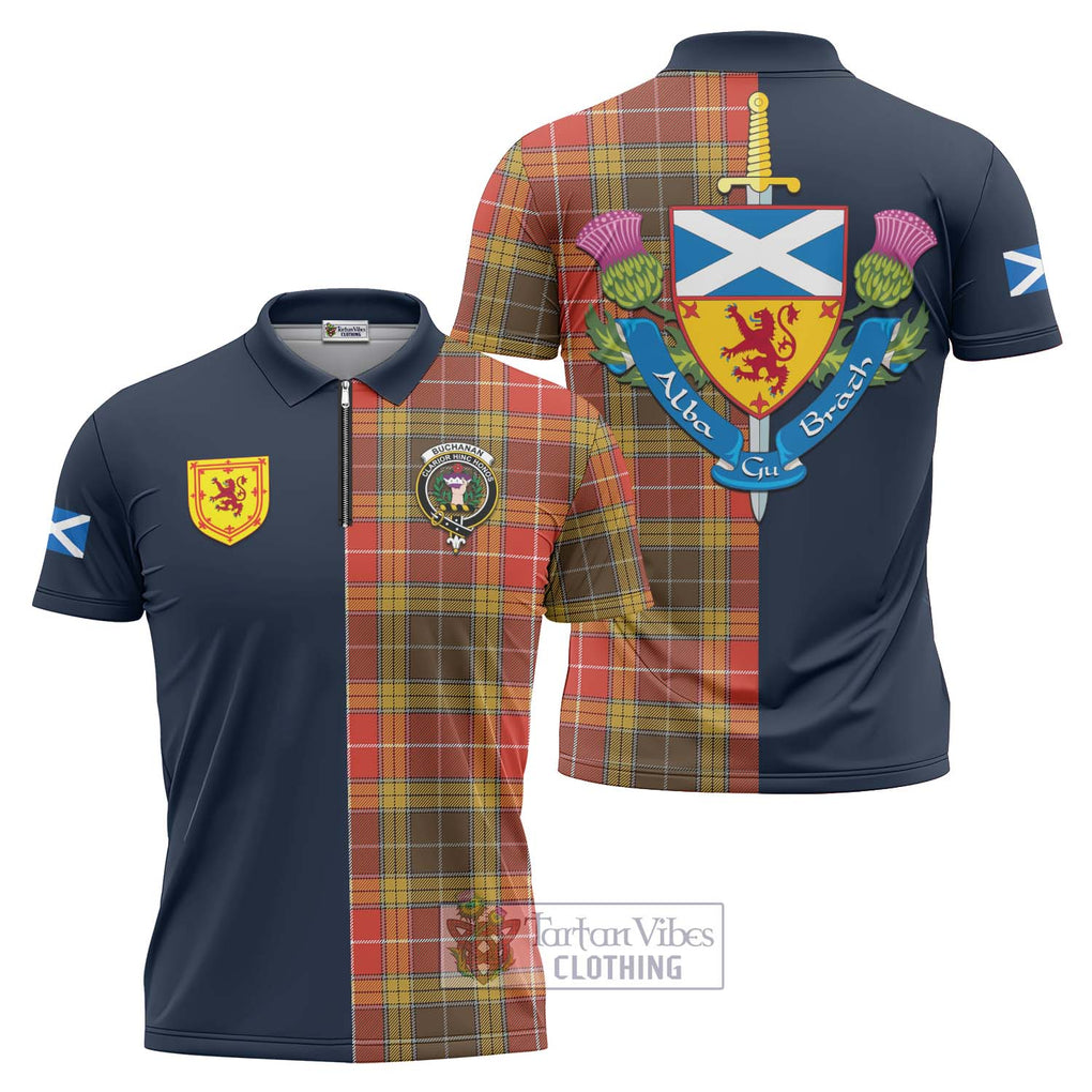 Tartan Vibes Clothing Buchanan Old Set Weathered Tartan Zipper Polo Shirt with Scottish Lion Royal Arm Half Style