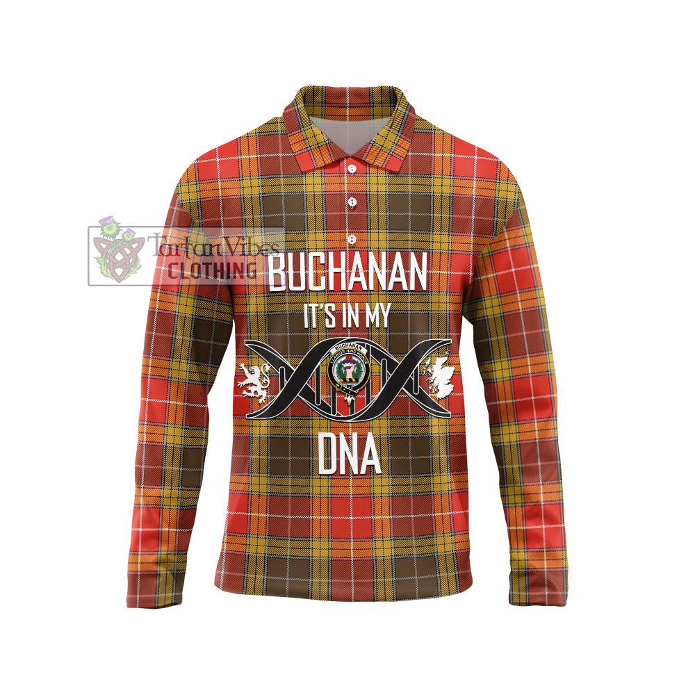 Buchanan Old Set Weathered Tartan Long Sleeve Polo Shirt with Family Crest DNA In Me Style Unisex - Tartanvibesclothing Shop