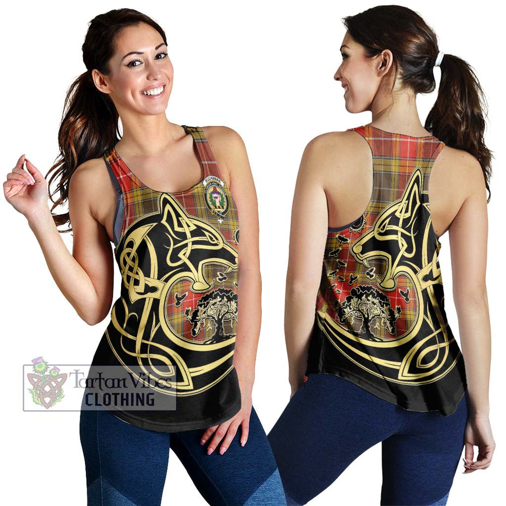 Buchanan Old Set Weathered Tartan Women's Racerback Tanks with Family Crest Celtic Wolf Style 4XL - Tartan Vibes Clothing