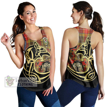 Buchanan Old Set Weathered Tartan Women's Racerback Tanks with Family Crest Celtic Wolf Style