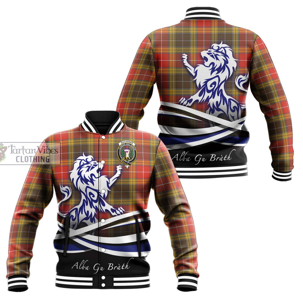 Buchanan Old Set Weathered Tartan Baseball Jacket with Alba Gu Brath Regal Lion Emblem Unisex - Tartanvibesclothing Shop