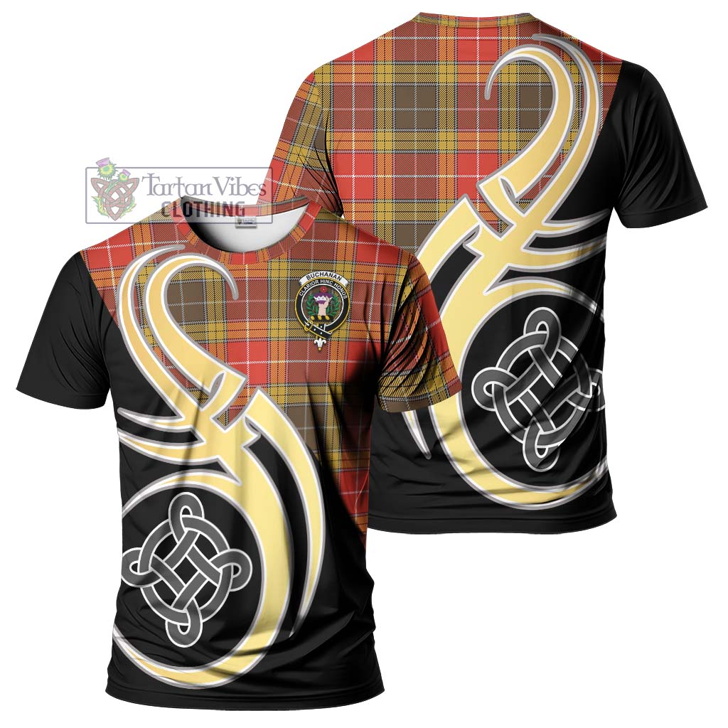 Tartan Vibes Clothing Buchanan Old Set Weathered Tartan T-Shirt with Family Crest and Celtic Symbol Style