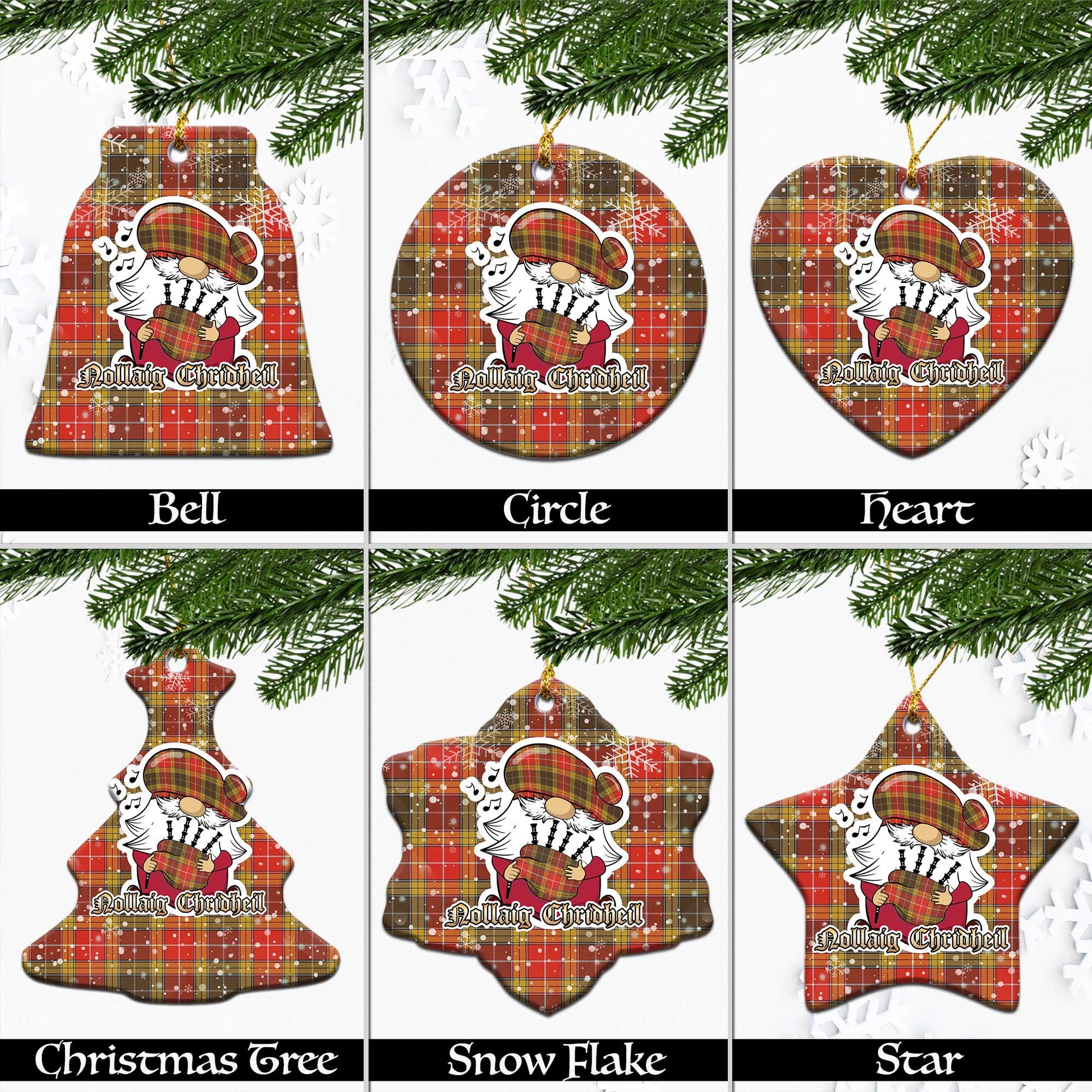 Buchanan Old Set Weathered Tartan Christmas Ornaments with Scottish Gnome Playing Bagpipes Ceramic - Tartanvibesclothing