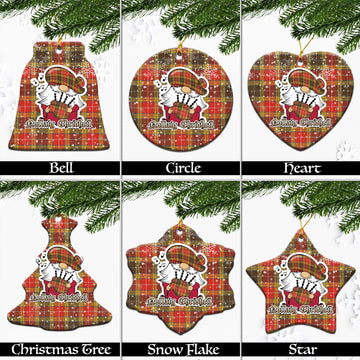 Buchanan Old Set Weathered Tartan Christmas Ceramic Ornaments with Scottish Gnome Playing Bagpipes