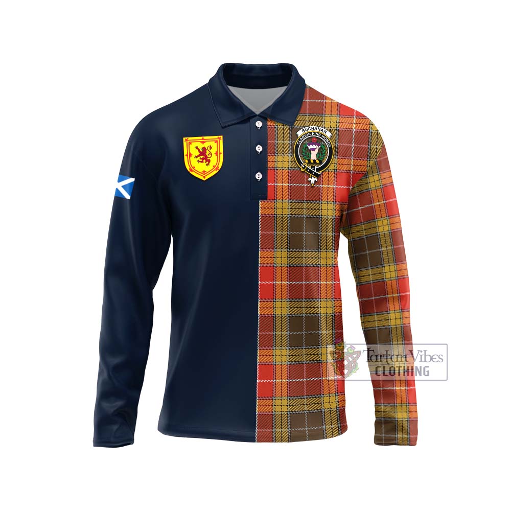 Tartan Vibes Clothing Buchanan Old Set Weathered Tartan Long Sleeve Polo Shirt with Scottish Lion Royal Arm Half Style