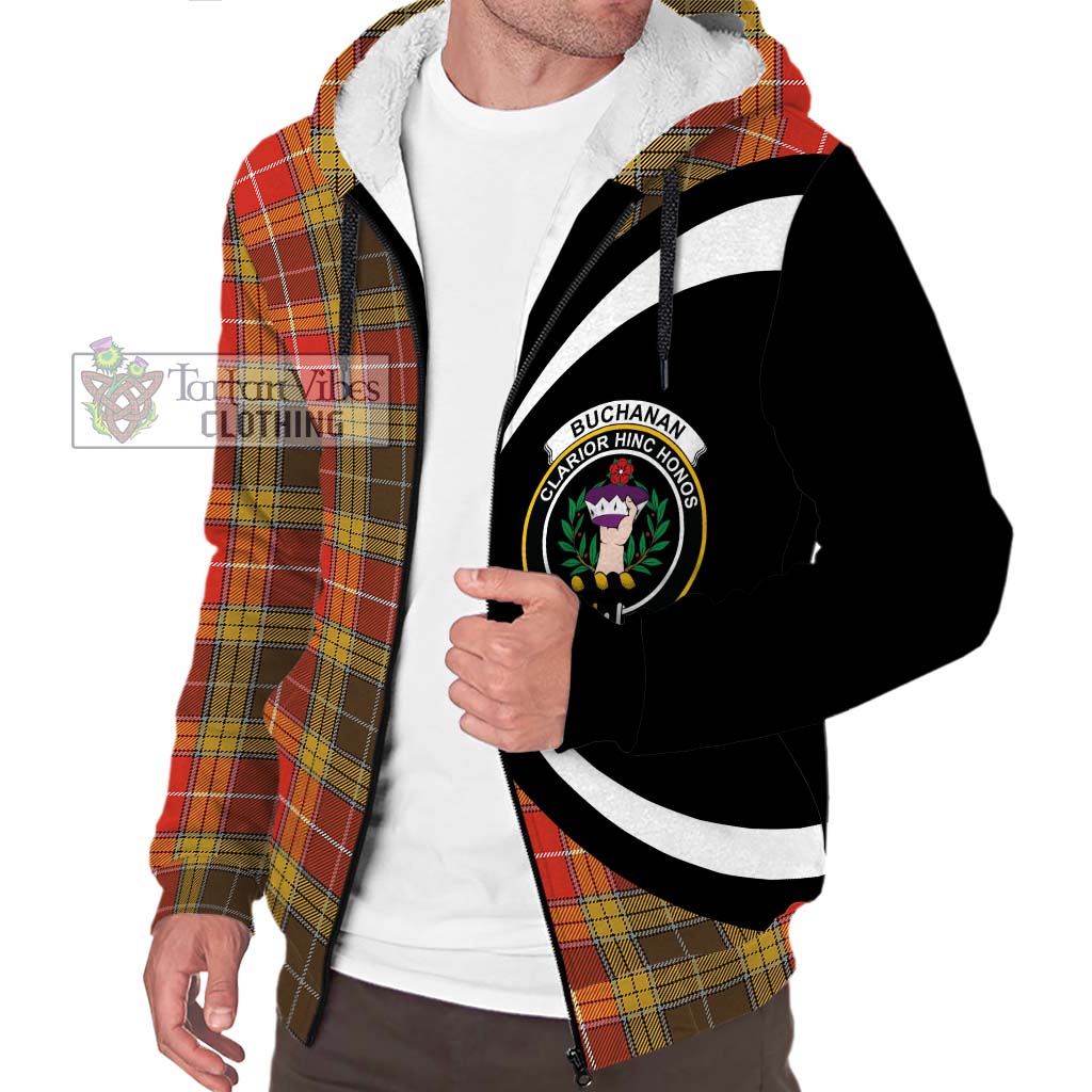 Buchanan Old Set Weathered Tartan Sherpa Hoodie with Family Crest Circle Style Unisex S - Tartan Vibes Clothing