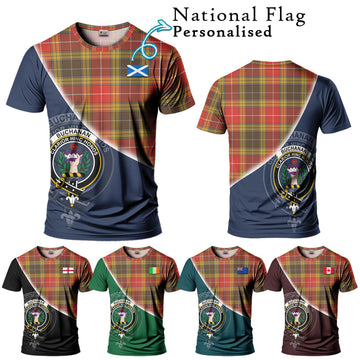 Buchanan Old Set Weathered Tartan T-Shirt with Personalised National Flag and Family Crest Half Style