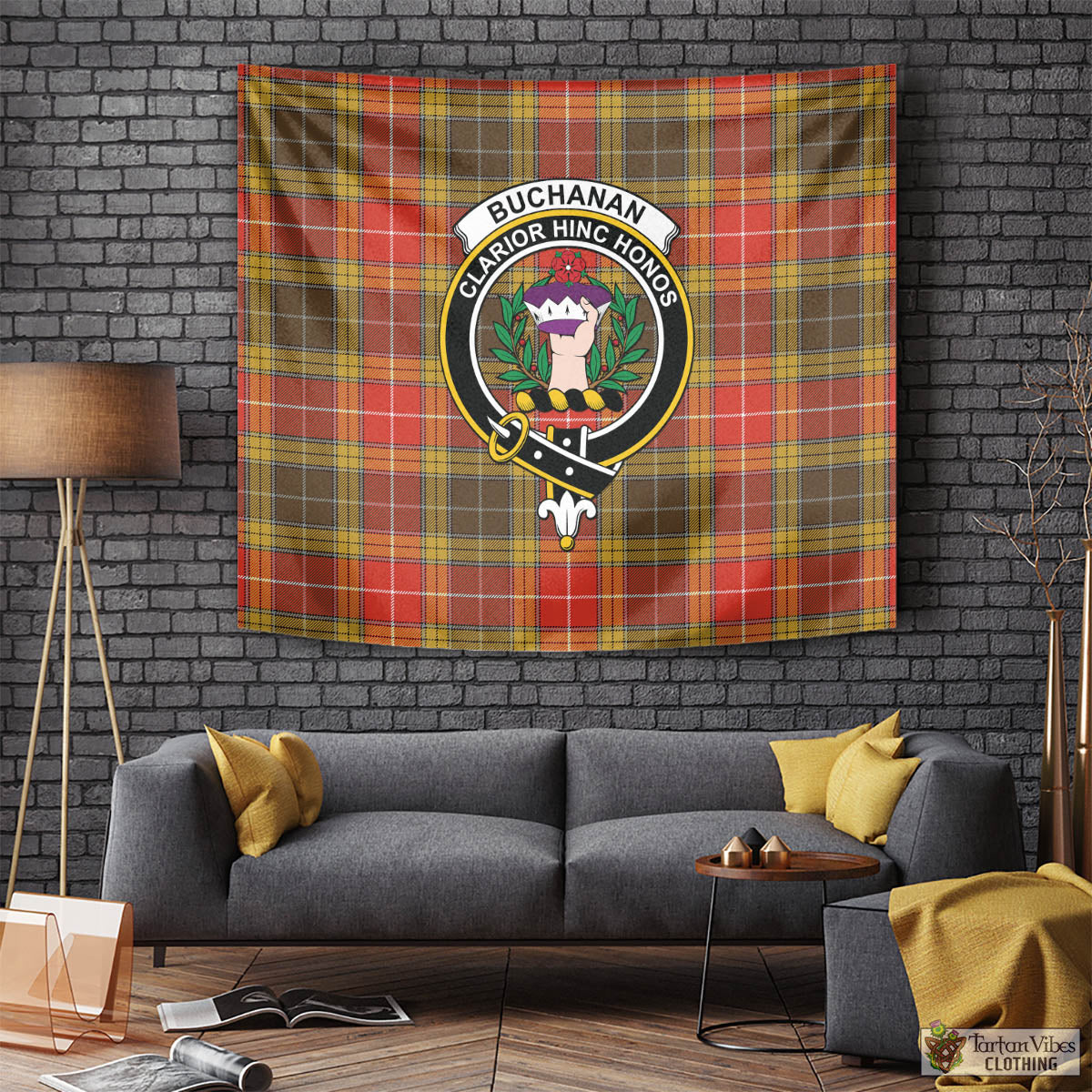 Tartan Vibes Clothing Buchanan Old Set Weathered Tartan Tapestry Wall Hanging and Home Decor for Room with Family Crest