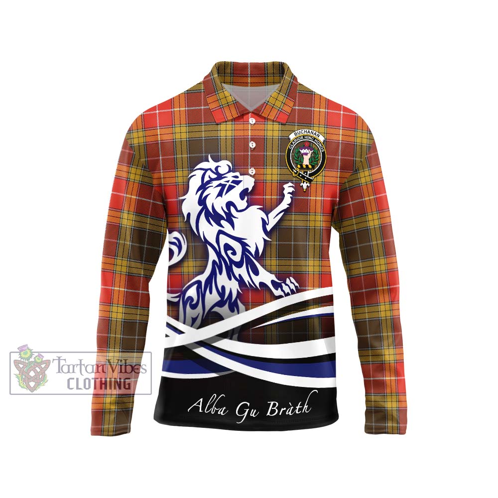 Buchanan Old Set Weathered Tartan Long Sleeve Polo Shirt with Alba Gu Brath Regal Lion Emblem Unisex - Tartanvibesclothing Shop