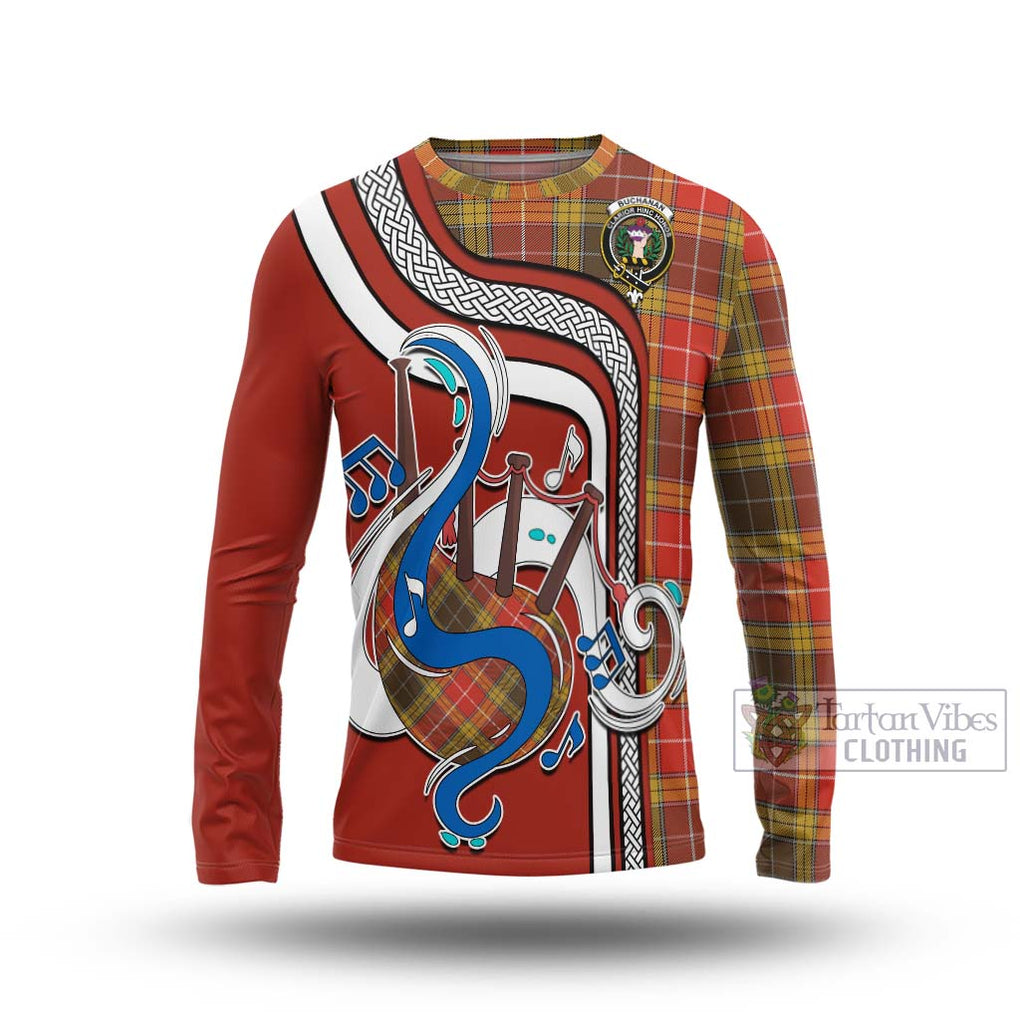 Tartan Vibes Clothing Buchanan Old Set Weathered Tartan Long Sleeve T-Shirt with Epic Bagpipe Style