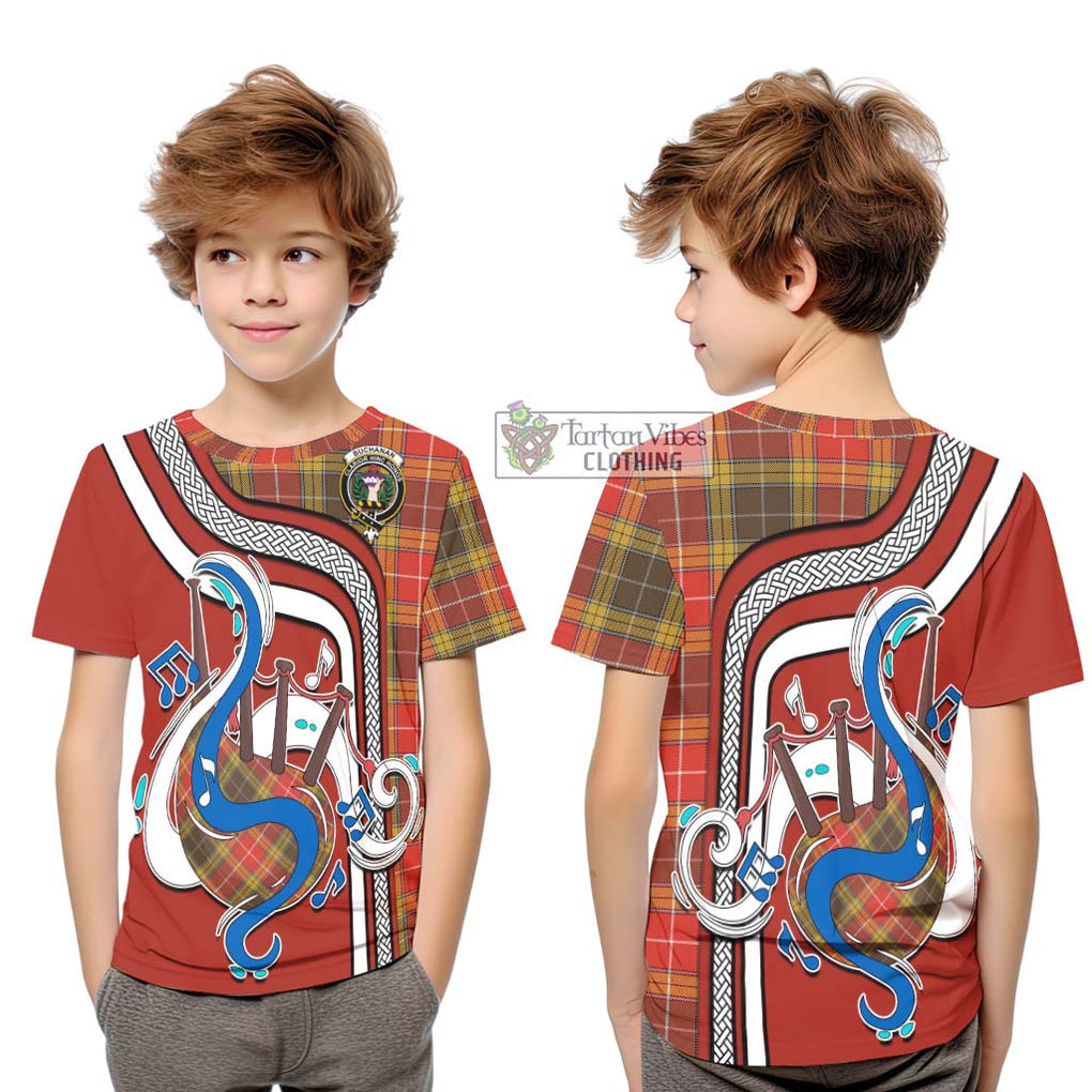 Tartan Vibes Clothing Buchanan Old Set Weathered Tartan Kid T-Shirt with Epic Bagpipe Style