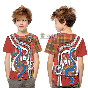 Buchanan Old Set Weathered Tartan Kid T-Shirt with Epic Bagpipe Style