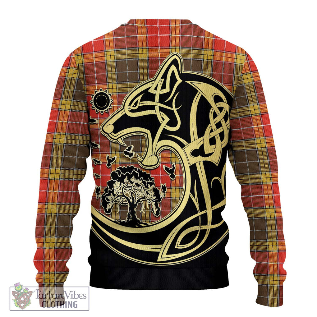 Buchanan Old Set Weathered Tartan Knitted Sweater with Family Crest Celtic Wolf Style - Tartan Vibes Clothing