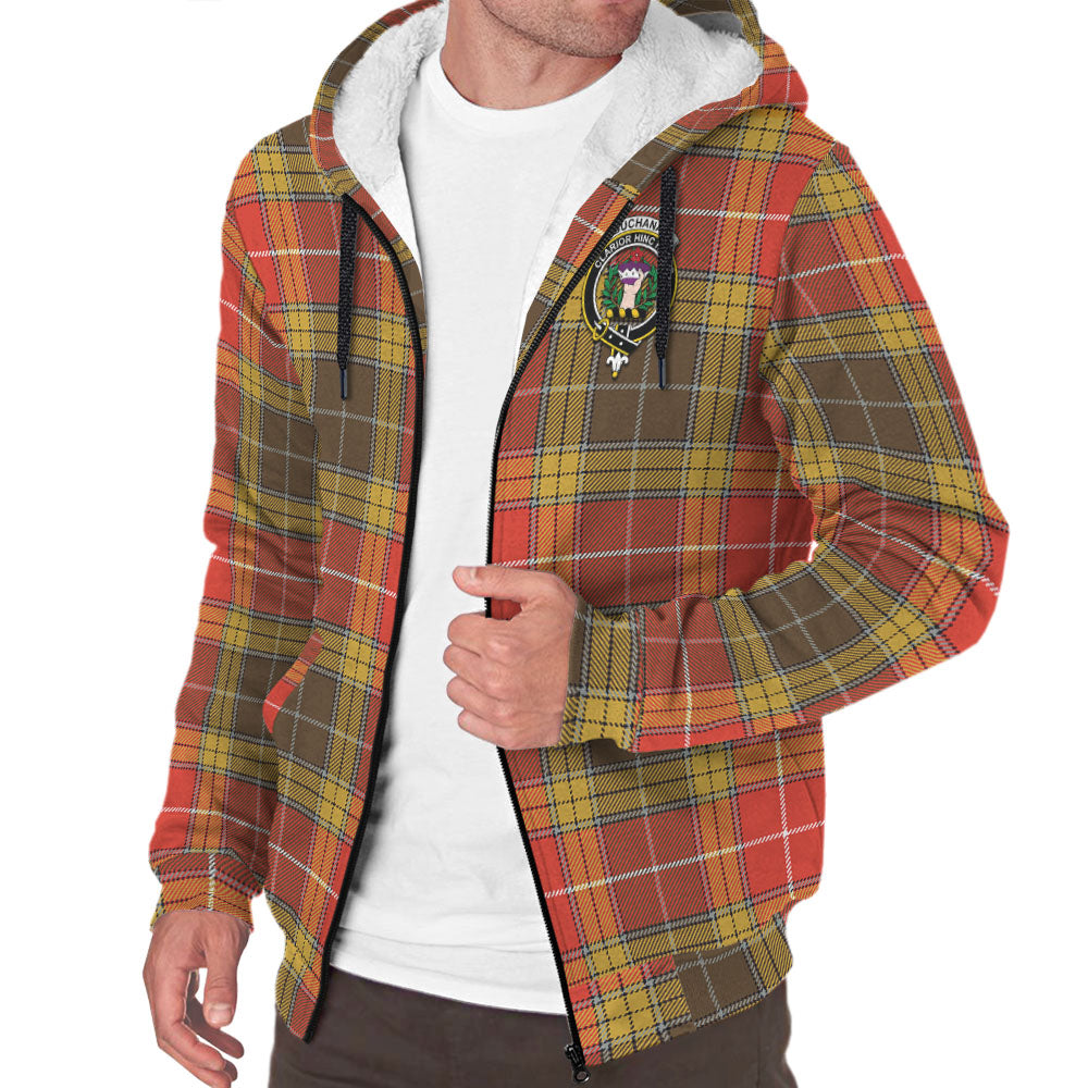 Buchanan Old Set Weathered Tartan Sherpa Hoodie with Family Crest - Tartanvibesclothing