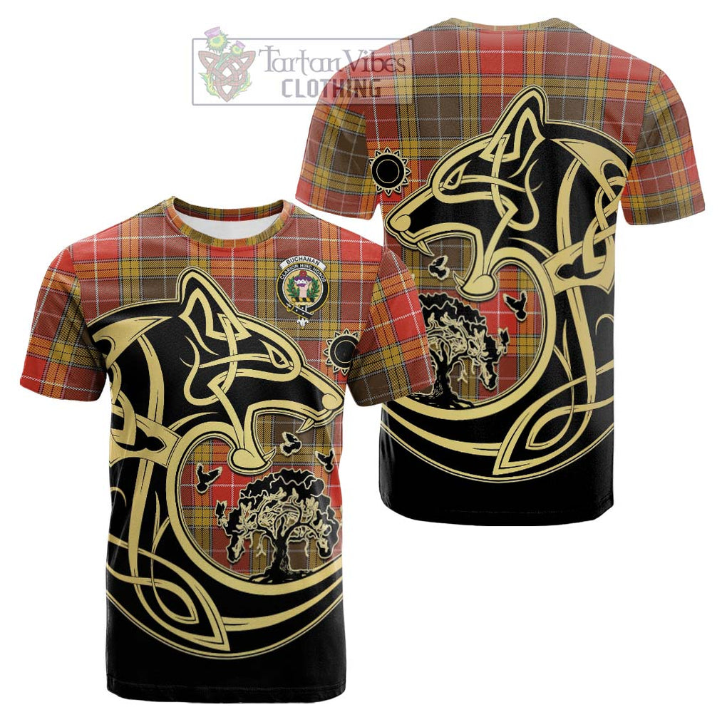 Tartan Vibes Clothing Buchanan Old Set Weathered Tartan Cotton T-shirt with Family Crest Celtic Wolf Style