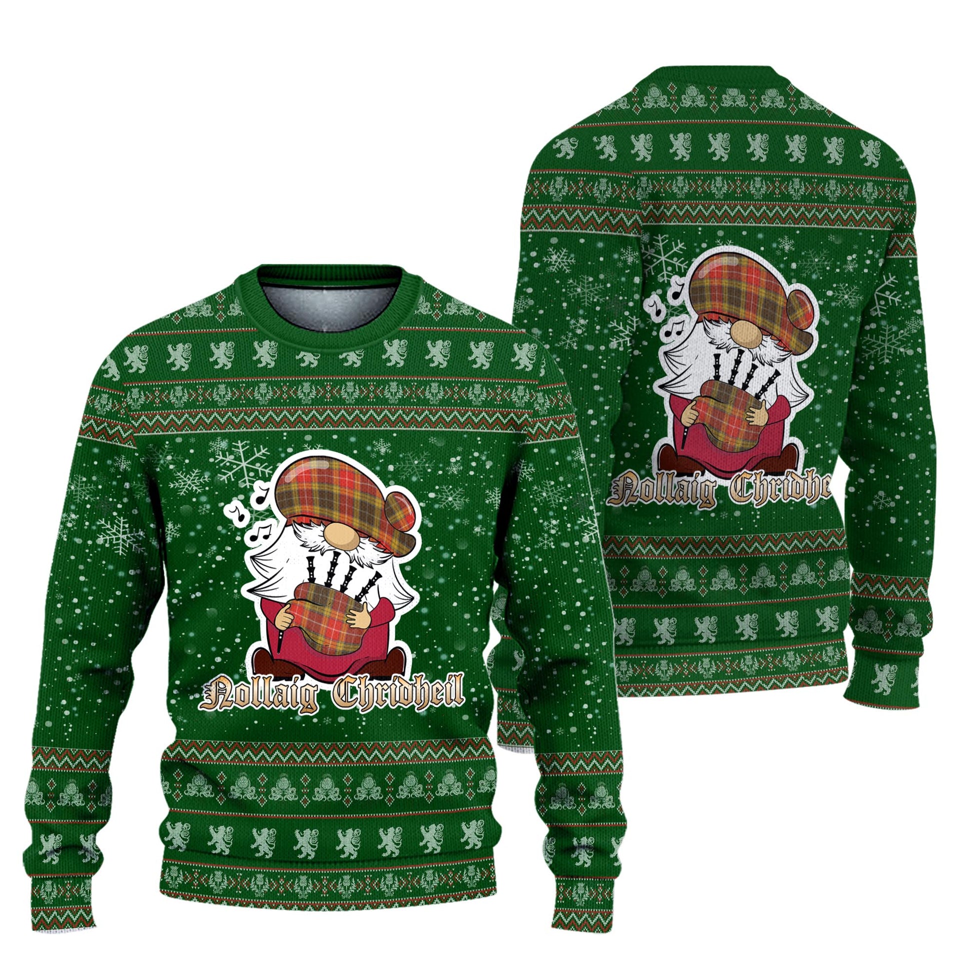 Buchanan Old Set Weathered Clan Christmas Family Knitted Sweater with Funny Gnome Playing Bagpipes Unisex Green - Tartanvibesclothing