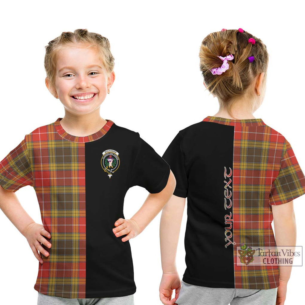 Buchanan Old Set Weathered Tartan Kid T-Shirt with Family Crest and Half Of Me Style - Tartanvibesclothing Shop