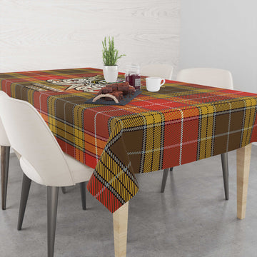 Buchanan Old Set Weathered Tartan Tablecloth with Clan Crest and the Golden Sword of Courageous Legacy