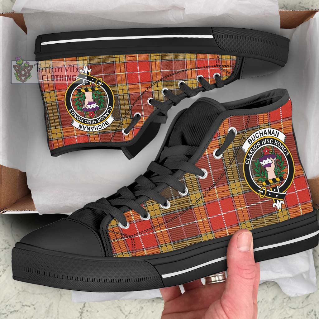 Tartan Vibes Clothing Buchanan Old Set Weathered Tartan High Top Shoes with Family Crest