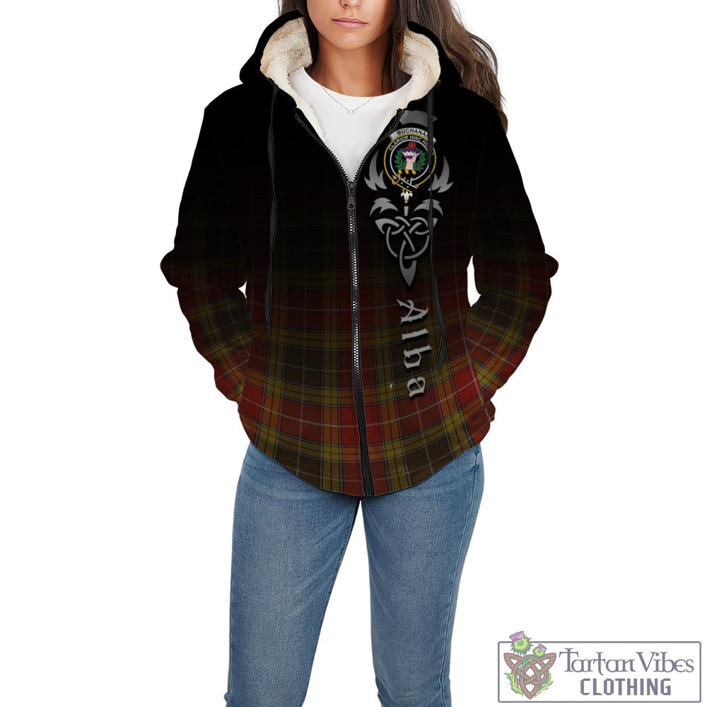 Tartan Vibes Clothing Buchanan Old Set Weathered Tartan Sherpa Hoodie Featuring Alba Gu Brath Family Crest Celtic Inspired