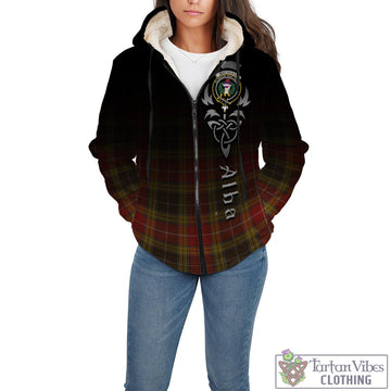 Buchanan Old Set Weathered Tartan Sherpa Hoodie Featuring Alba Gu Brath Family Crest Celtic Inspired