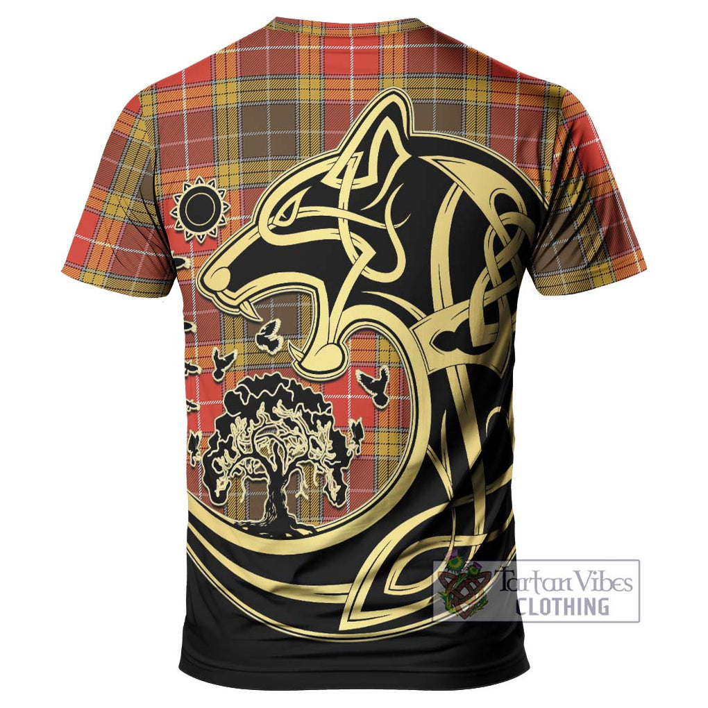 Buchanan Old Set Weathered Tartan T-Shirt with Family Crest Celtic Wolf Style - Tartan Vibes Clothing