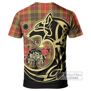 Buchanan Old Set Weathered Tartan T-Shirt with Family Crest Celtic Wolf Style