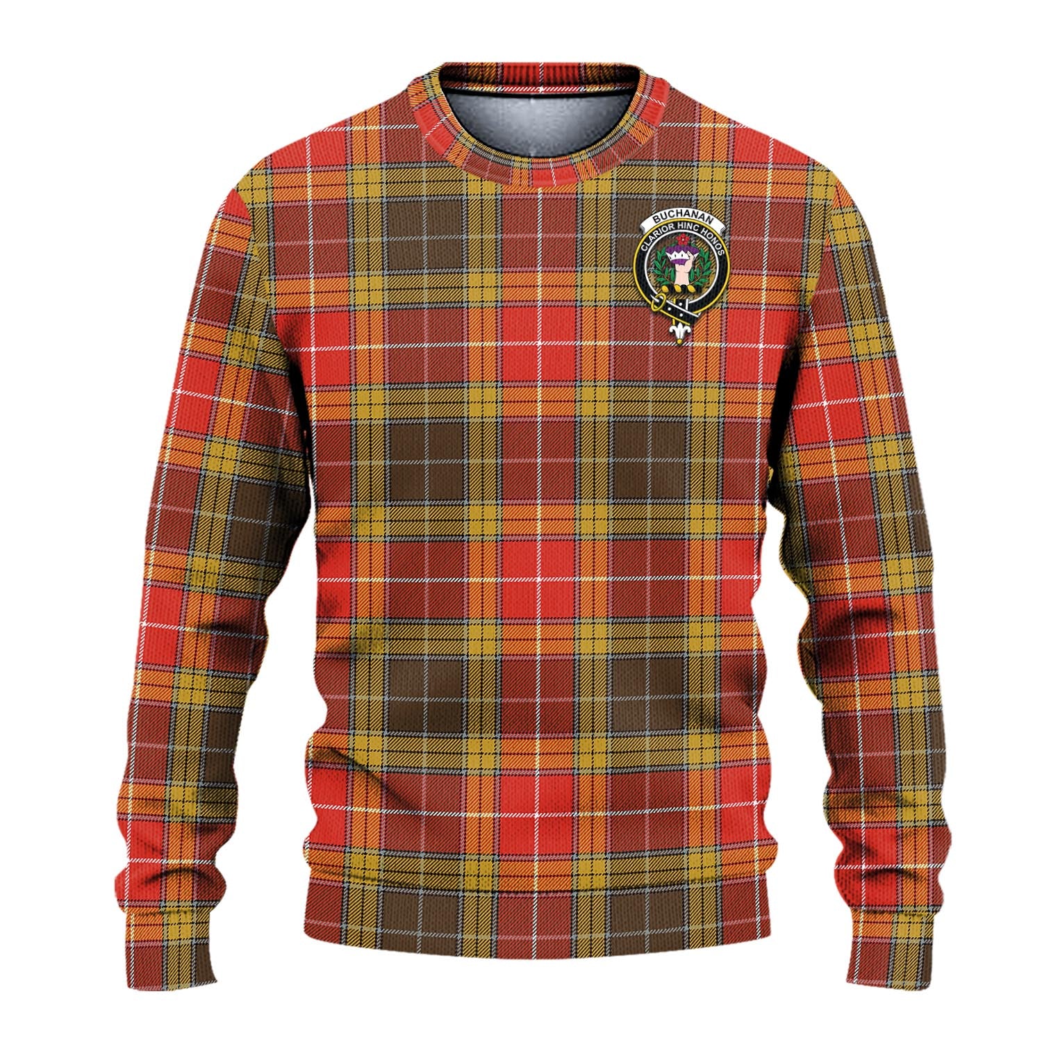 Buchanan Old Set Weathered Tartan Knitted Sweater with Family Crest - Tartanvibesclothing