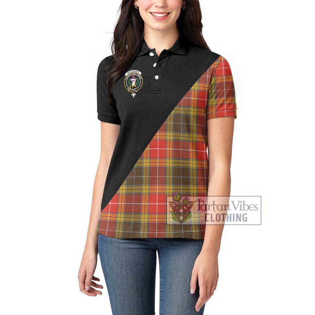 Buchanan Old Set Weathered Tartan Women's Polo Shirt with Family Crest and Military Logo Style - Tartanvibesclothing Shop