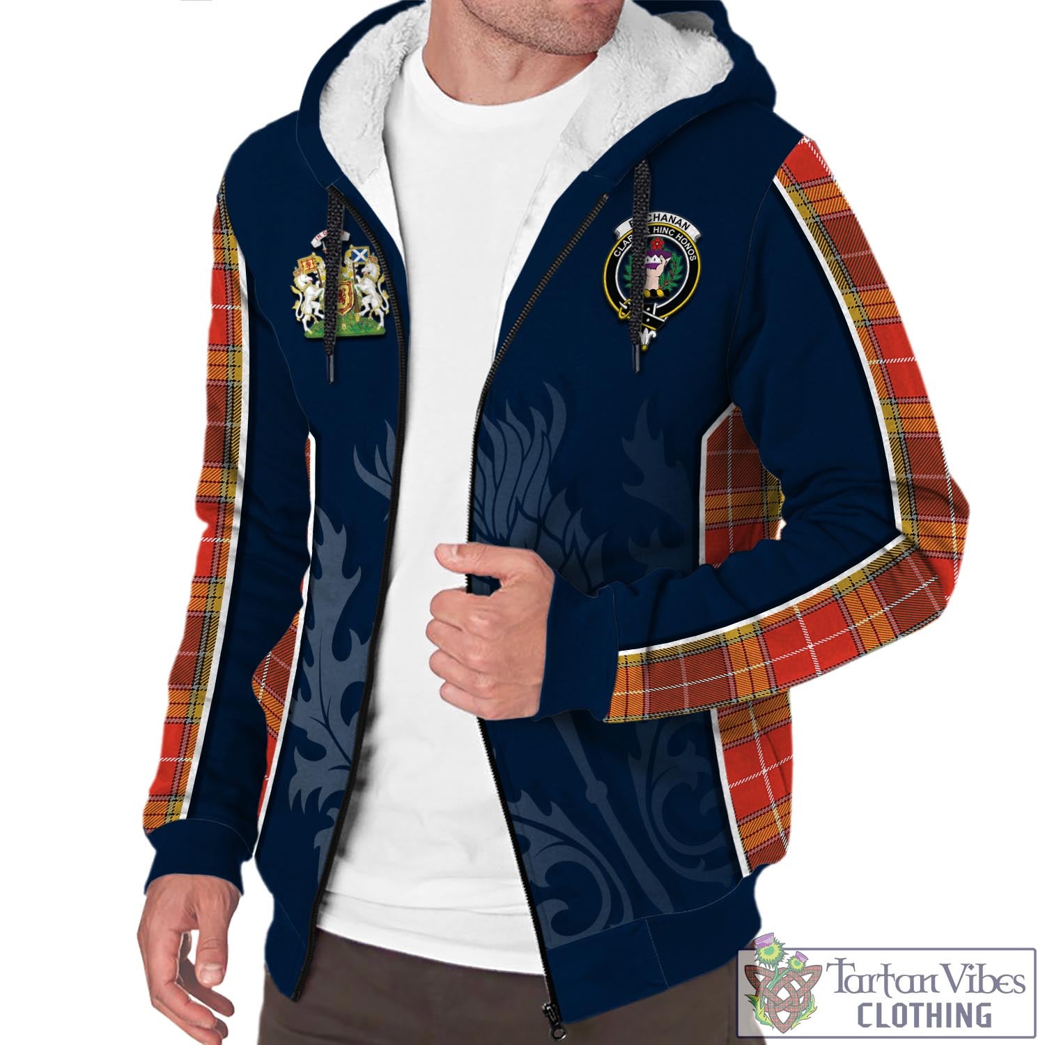 Tartan Vibes Clothing Buchanan Old Set Weathered Tartan Sherpa Hoodie with Family Crest and Scottish Thistle Vibes Sport Style