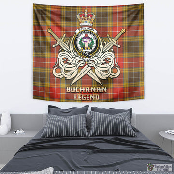 Buchanan Old Set Weathered Tartan Tapestry with Clan Crest and the Golden Sword of Courageous Legacy