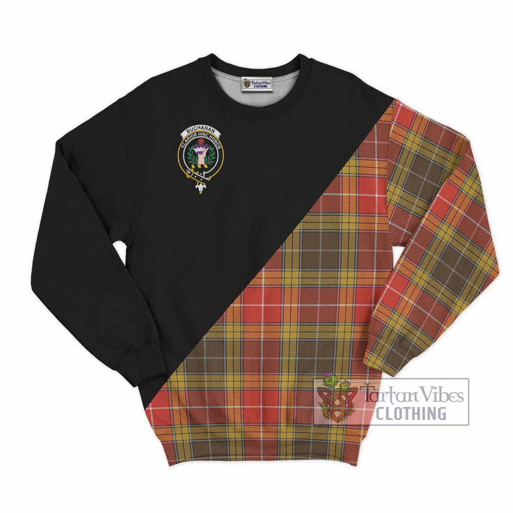 Buchanan Old Set Weathered Tartan Sweatshirt with Family Crest and Military Logo Style - Tartanvibesclothing Shop