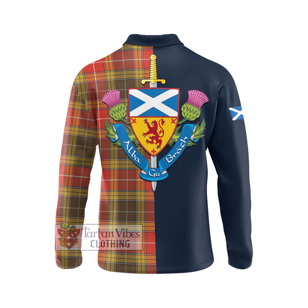 Tartan Vibes Clothing Buchanan Old Set Weathered Tartan Long Sleeve Polo Shirt with Scottish Lion Royal Arm Half Style