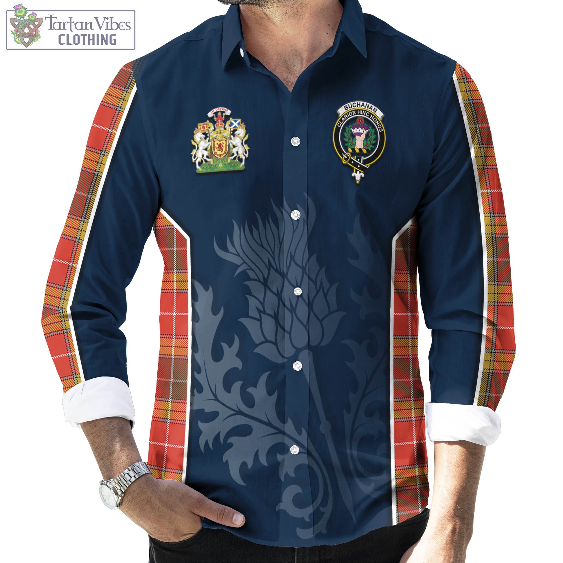 Tartan Vibes Clothing Buchanan Old Set Weathered Tartan Long Sleeve Button Up Shirt with Family Crest and Scottish Thistle Vibes Sport Style