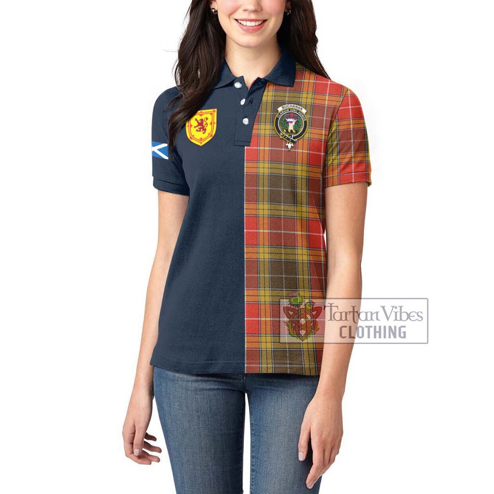 Tartan Vibes Clothing Buchanan Old Set Weathered Tartan Women's Polo Shirt with Scottish Lion Royal Arm Half Style