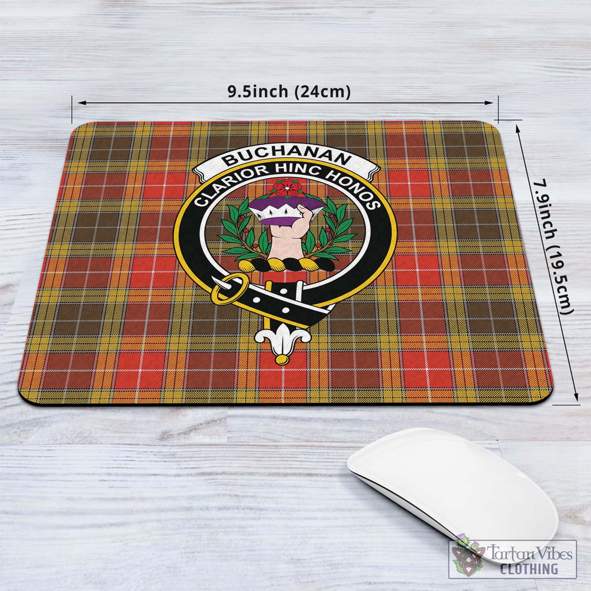 Tartan Vibes Clothing Buchanan Old Set Weathered Tartan Mouse Pad with Family Crest