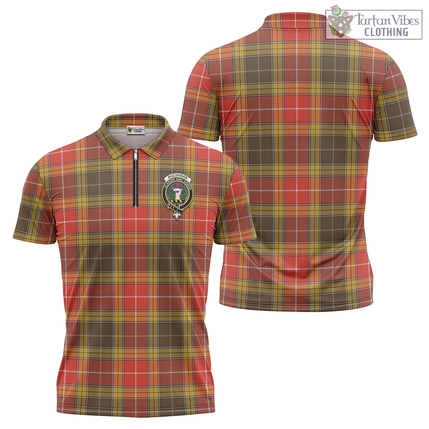 Tartan Vibes Clothing Buchanan Old Set Weathered Tartan Zipper Polo Shirt with Family Crest