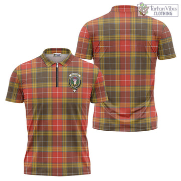 Buchanan Old Set Weathered Tartan Zipper Polo Shirt with Family Crest